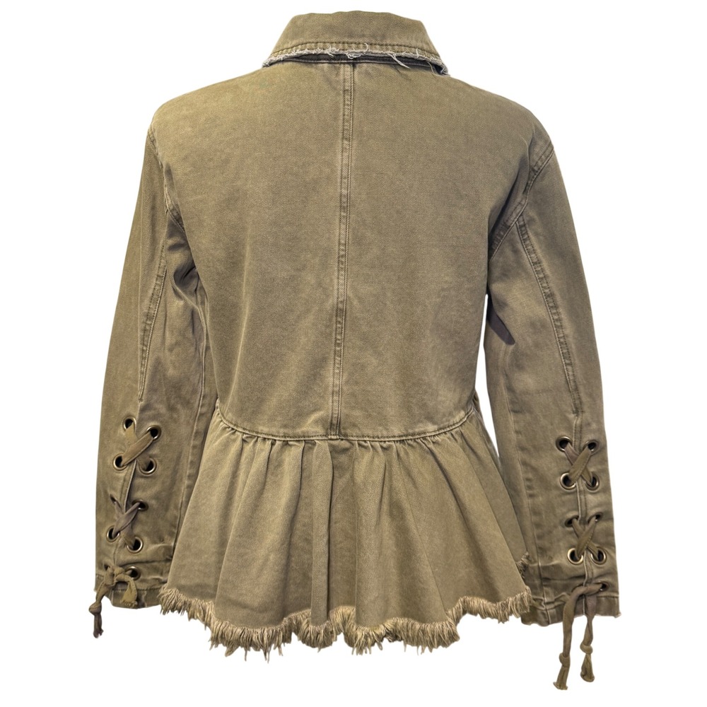 Free People Olive Green Peplum Military Denim Jacket Lace Up Sleeve Frayed Hem - Picture 3 of 10